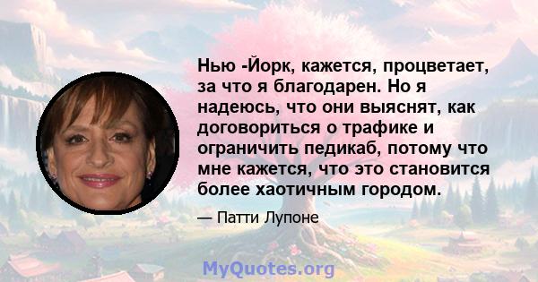 Нью -Йорк, кажется, процветает, за что я благодарен. Но я надеюсь, что они выяснят, как договориться о трафике и ограничить педикаб, потому что мне кажется, что это становится более хаотичным городом.