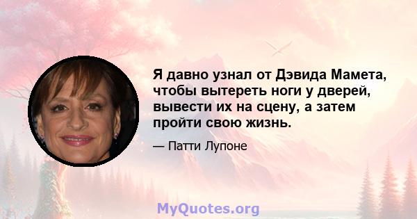 Я давно узнал от Дэвида Мамета, чтобы вытереть ноги у дверей, вывести их на сцену, а затем пройти свою жизнь.