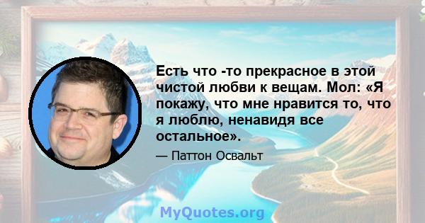 Есть что -то прекрасное в этой чистой любви к вещам. Мол: «Я покажу, что мне нравится то, что я люблю, ненавидя все остальное».