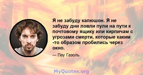 Я не забуду капюшон. Я не забуду дни ловли пули на пути к почтовому ящику или кирпичам с угрозами смерти, которые каким -то образом пробились через окно.