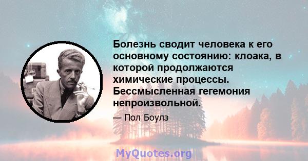 Болезнь сводит человека к его основному состоянию: клоака, в которой продолжаются химические процессы. Бессмысленная гегемония непроизвольной.