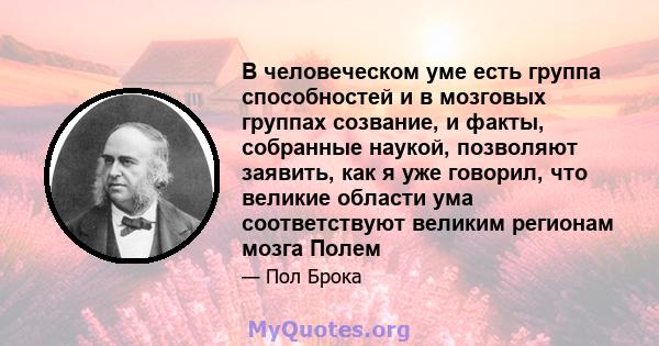 В человеческом уме есть группа способностей и в мозговых группах созвание, и факты, собранные наукой, позволяют заявить, как я уже говорил, что великие области ума соответствуют великим регионам мозга Полем