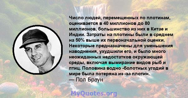 Число людей, перемещенных по плотинам, оценивается в 40 миллионов до 80 миллионов, большинство из них в Китае и Индии. Затраты на плотины были в среднем на 50% выше их первоначальной оценки. Некоторые предназначены для