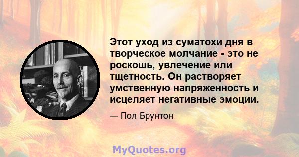 Этот уход из суматохи дня в творческое молчание - это не роскошь, увлечение или тщетность. Он растворяет умственную напряженность и исцеляет негативные эмоции.