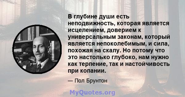 В глубине души есть неподвижность, которая является исцелением, доверием к универсальным законам, который является непоколебимым, и сила, похожая на скалу. Но потому что это настолько глубоко, нам нужно как терпение,