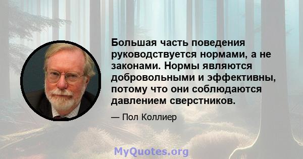 Большая часть поведения руководствуется нормами, а не законами. Нормы являются добровольными и эффективны, потому что они соблюдаются давлением сверстников.