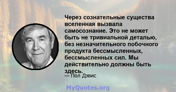 Через сознательные существа вселенная вызвала самосознание. Это не может быть не тривиальной деталью, без незначительного побочного продукта бессмысленных, бессмысленных сил. Мы действительно должны быть здесь.