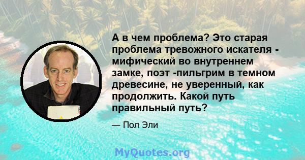 А в чем проблема? Это старая проблема тревожного искателя - мифический во внутреннем замке, поэт -пильгрим в темном древесине, не уверенный, как продолжить. Какой путь правильный путь?