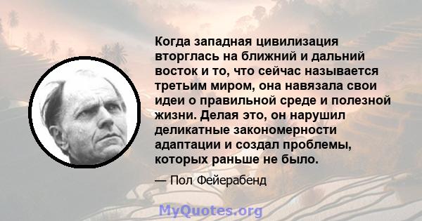 Когда западная цивилизация вторглась на ближний и дальний восток и то, что сейчас называется третьим миром, она навязала свои идеи о правильной среде и полезной жизни. Делая это, он нарушил деликатные закономерности