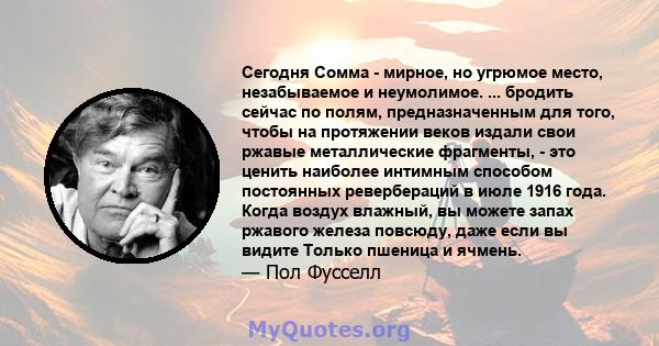 Сегодня Сомма - мирное, но угрюмое место, незабываемое и неумолимое. ... бродить сейчас по полям, предназначенным для того, чтобы на протяжении веков издали свои ржавые металлические фрагменты, - это ценить наиболее