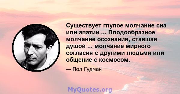 Существует глупое молчание сна или апатии ... Плодообразное молчание осознания, ставшая душой ... молчание мирного согласия с другими людьми или общение с космосом.