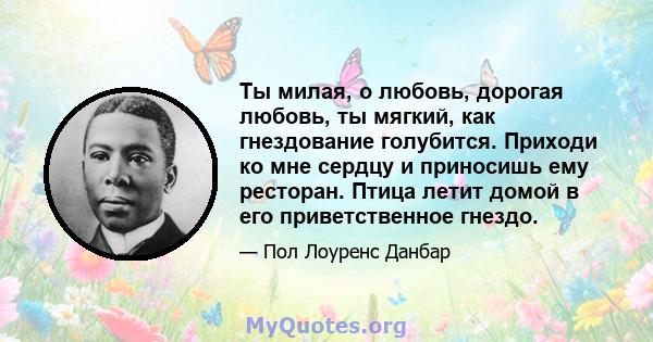 Ты милая, о любовь, дорогая любовь, ты мягкий, как гнездование голубится. Приходи ко мне сердцу и приносишь ему ресторан. Птица летит домой в его приветственное гнездо.