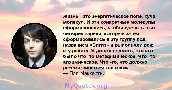 Жизнь - это энергетическое поле, куча молекул. И эти конкретные молекулы сформировались, чтобы сделать этих четырех парней, которые затем сформировались в эту группу под названием «Битлз» и выполняли всю эту работу. Я