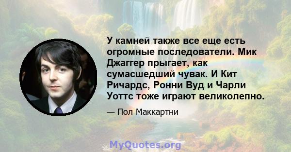 У камней также все еще есть огромные последователи. Мик Джаггер прыгает, как сумасшедший чувак. И Кит Ричардс, Ронни Вуд и Чарли Уоттс тоже играют великолепно.