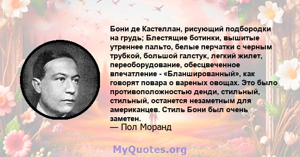 Бони де Кастеллан, рисующий подбородки на грудь; Блестящие ботинки, вышитые утреннее пальто, белые перчатки с черным трубкой, большой галстук, легкий жилет, переоборудование, обесцвеченное впечатление -