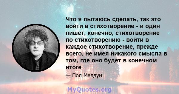 Что я пытаюсь сделать, так это войти в стихотворение - и один пишет, конечно, стихотворение по стихотворению - войти в каждое стихотворение, прежде всего, не имея никакого смысла в том, где оно будет в конечном итоге