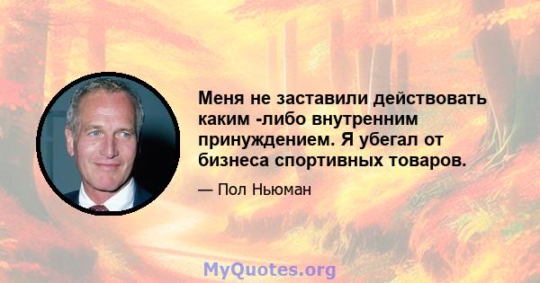 Меня не заставили действовать каким -либо внутренним принуждением. Я убегал от бизнеса спортивных товаров.