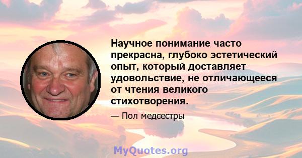 Научное понимание часто прекрасна, глубоко эстетический опыт, который доставляет удовольствие, не отличающееся от чтения великого стихотворения.