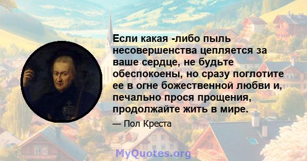 Если какая -либо пыль несовершенства цепляется за ваше сердце, не будьте обеспокоены, но сразу поглотите ее в огне божественной любви и, печально прося прощения, продолжайте жить в мире.