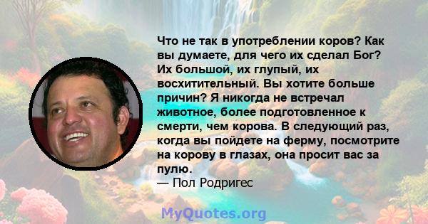 Что не так в употреблении коров? Как вы думаете, для чего их сделал Бог? Их большой, их глупый, их восхитительный. Вы хотите больше причин? Я никогда не встречал животное, более подготовленное к смерти, чем корова. В