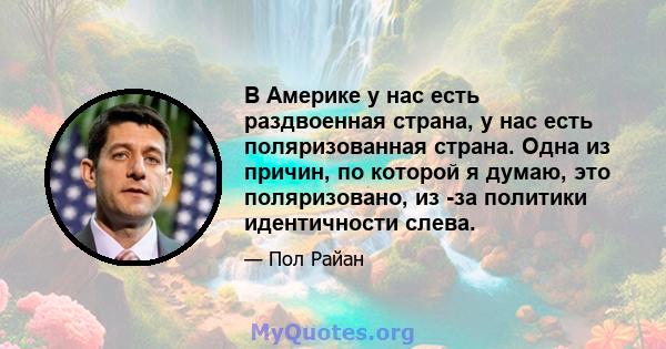 В Америке у нас есть раздвоенная страна, у нас есть поляризованная страна. Одна из причин, по которой я думаю, это поляризовано, из -за политики идентичности слева.