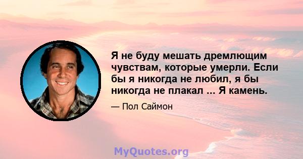 Я не буду мешать дремлющим чувствам, которые умерли. Если бы я никогда не любил, я бы никогда не плакал ... Я камень.