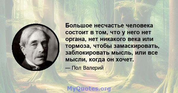 Большое несчастье человека состоит в том, что у него нет органа, нет никакого века или тормоза, чтобы замаскировать, заблокировать мысль, или все мысли, когда он хочет.