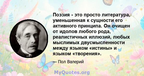 Поэзия - это просто литература, уменьшенная к сущности его активного принципа. Он очищен от идолов любого рода, реалистичных иллюзий, любых мыслимых двусмысленности между языком «истины» и языком «творения».