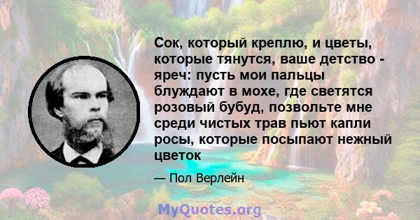 Сок, который креплю, и цветы, которые тянутся, ваше детство - яреч: пусть мои пальцы блуждают в мохе, где светятся розовый бубуд, позвольте мне среди чистых трав пьют капли росы, которые посыпают нежный цветок