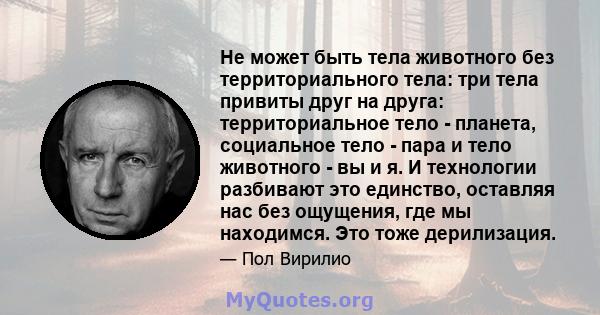 Не может быть тела животного без территориального тела: три тела привиты друг на друга: территориальное тело - планета, социальное тело - пара и тело животного - вы и я. И технологии разбивают это единство, оставляя нас 