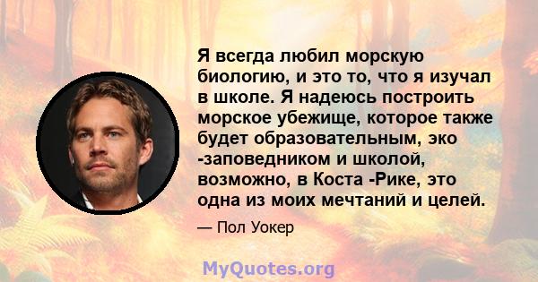 Я всегда любил морскую биологию, и это то, что я изучал в школе. Я надеюсь построить морское убежище, которое также будет образовательным, эко -заповедником и школой, возможно, в Коста -Рике, это одна из моих мечтаний и 