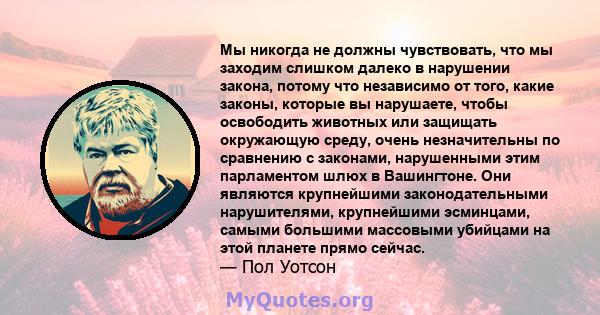 Мы никогда не должны чувствовать, что мы заходим слишком далеко в нарушении закона, потому что независимо от того, какие законы, которые вы нарушаете, чтобы освободить животных или защищать окружающую среду, очень