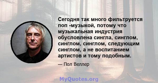 Сегодня так много фильтруется поп -музыкой, потому что музыкальная индустрия обусловлена ​​сингла, синглом, синглом, синглом, следующим синглом, а не воспитанием артистов и тому подобным.