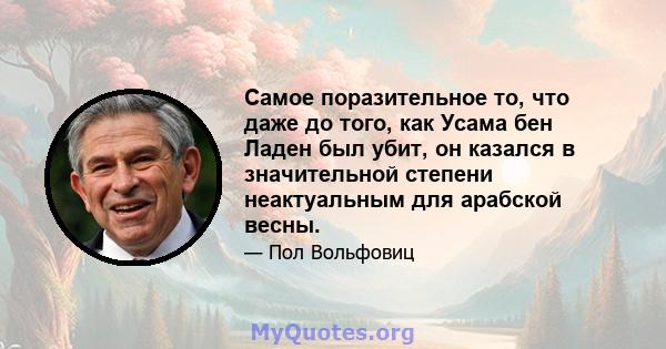 Самое поразительное то, что даже до того, как Усама бен Ладен был убит, он казался в значительной степени неактуальным для арабской весны.