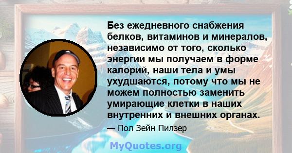 Без ежедневного снабжения белков, витаминов и минералов, независимо от того, сколько энергии мы получаем в форме калорий, наши тела и умы ухудшаются, потому что мы не можем полностью заменить умирающие клетки в наших