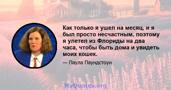 Как только я ушел на месяц, и я был просто несчастным, поэтому я улетел из Флориды на два часа, чтобы быть дома и увидеть моих кошек.