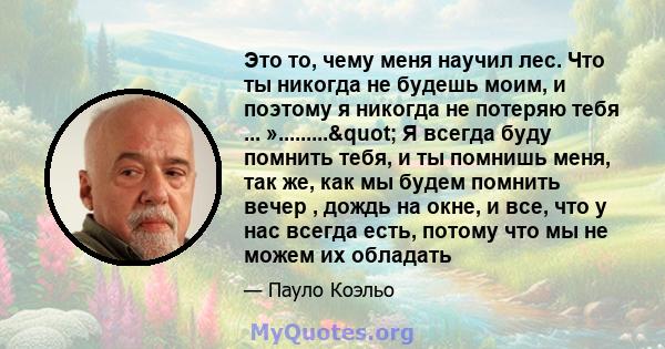 Это то, чему меня научил лес. Что ты никогда не будешь моим, и поэтому я никогда не потеряю тебя ... »........." Я всегда буду помнить тебя, и ты помнишь меня, так же, как мы будем помнить вечер , дождь на окне, и