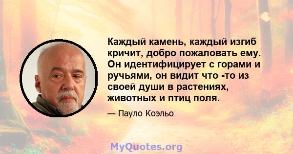 Каждый камень, каждый изгиб кричит, добро пожаловать ему. Он идентифицирует с горами и ручьями, он видит что -то из своей души в растениях, животных и птиц поля.