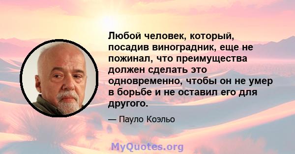 Любой человек, который, посадив виноградник, еще не пожинал, что преимущества должен сделать это одновременно, чтобы он не умер в борьбе и не оставил его для другого.