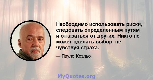 Необходимо использовать риски, следовать определенным путям и отказаться от других. Никто не может сделать выбор, не чувствуя страха.