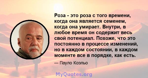 Роза - это роза с того времени, когда она является семенем, когда она умирает. Внутри, в любое время он содержит весь свой потенциал. Похоже, что это постоянно в процессе изменений, но в каждом состоянии, в каждом