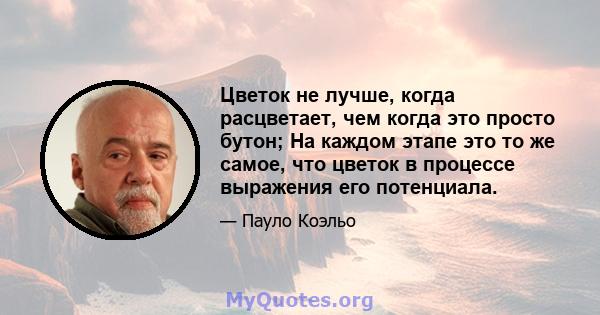 Цветок не лучше, когда расцветает, чем когда это просто бутон; На каждом этапе это то же самое, что цветок в процессе выражения его потенциала.