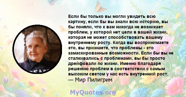 Если бы только вы могли увидеть всю картину, если бы вы знали всю историю, вы бы поняли, что к вам никогда не возникает проблем, у которой нет цели в вашей жизни, которая не может способствовать вашему внутреннему