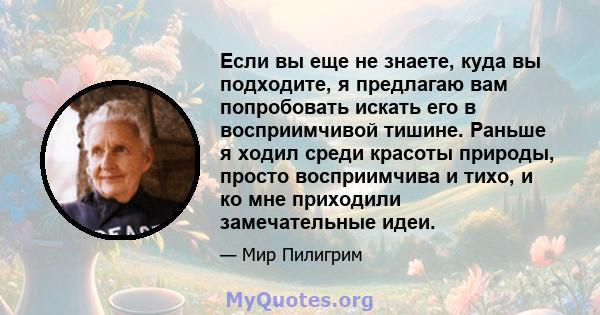 Если вы еще не знаете, куда вы подходите, я предлагаю вам попробовать искать его в восприимчивой тишине. Раньше я ходил среди красоты природы, просто восприимчива и тихо, и ко мне приходили замечательные идеи.