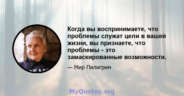 Когда вы воспринимаете, что проблемы служат цели в вашей жизни, вы признаете, что проблемы - это замаскированные возможности.