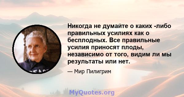 Никогда не думайте о каких -либо правильных усилиях как о бесплодных. Все правильные усилия приносят плоды, независимо от того, видим ли мы результаты или нет.