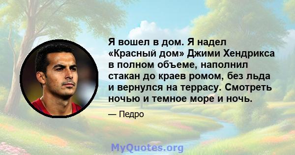 Я вошел в дом. Я надел «Красный дом» Джими Хендрикса в полном объеме, наполнил стакан до краев ромом, без льда и вернулся на террасу. Смотреть ночью и темное море и ночь.