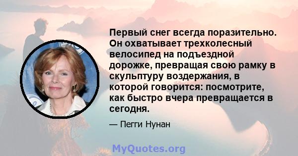 Первый снег всегда поразительно. Он охватывает трехколесный велосипед на подъездной дорожке, превращая свою рамку в скульптуру воздержания, в которой говорится: посмотрите, как быстро вчера превращается в сегодня.