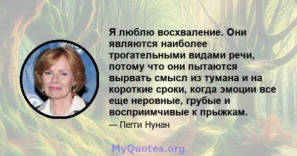 Я люблю восхваление. Они являются наиболее трогательными видами речи, потому что они пытаются вырвать смысл из тумана и на короткие сроки, когда эмоции все еще неровные, грубые и восприимчивые к прыжкам.