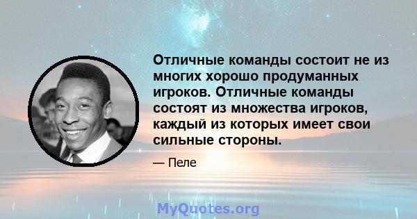 Отличные команды состоит не из многих хорошо продуманных игроков. Отличные команды состоят из множества игроков, каждый из которых имеет свои сильные стороны.